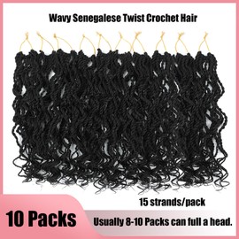 Wavy Senegalese Twist Crochet Hair For Black Women 12 Inch 10 Packs Senegalese Twist Braiding Hair Crochet Twists Pre Looped Twist Crochet Hair Curly Crochet Twist Hair With Curly Ends(12 Inch, 1B#)