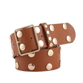 NONGFUGE Fashion Women Wide Faux Leather Punk Circle Studded Waist Belt Simple Ladies Vintage for Jeans Dress Coat with Pin Buckle Brown