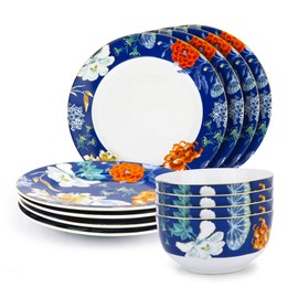 Gusto Buono Porcelain 12Pcs Dinnerware Set – Blue Floral Design | 4 Cereal Bowls (5.5”), 4 Salad Plates (7.5”), 4 Dinner Plates (10.5”) | Perfect Dinner Set for Home Dining, Parties, & Holiday Gifts