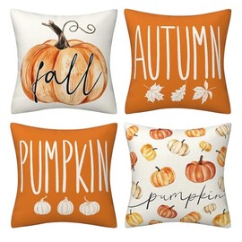 Bomugtee Fall Thanksgiving Pillow Covers 18x18 Inches Pumpkin Truck Leaves Autumn Theme Farmhouse Outdoor Throw Pillowcase Cotton Linen Cushion Case for Fall Decor Set of 4, One Size