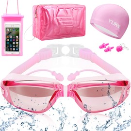 Juego de gafas de natación 6 en 1, gorro de natación+gafas de natación+tapones para los oídos+clip para la nariz+bolsa de almacenamiento+bolsa impermeable para teléfono para hombres y mujeres (Rosa)