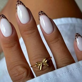 Hkanlre Uñas Postizas Con Estampado De Leopardo, Almendradas, Blancas, Estilo Francés, Cobertura Completa, Tamaño Mediano, Para Mujer, 24 Unidades