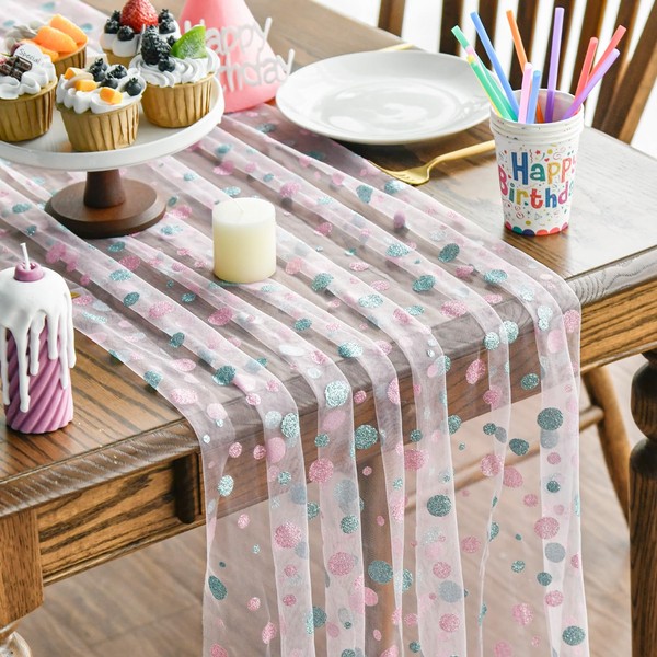 Artoid Mode Pink Polka Dots Tulle Gauze Table Runner 70