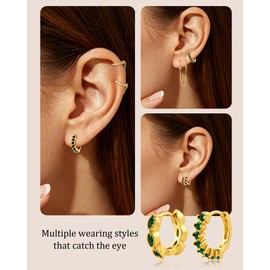 Watforsh 3 Pairs Green and Gold Hoop Earrings for Women Emerald Huggie Hoop and Gold Double Piercing Chain Earrings Set for Birthstone Jewelry