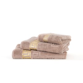 Luxury Medusa Guest Towels 30 x 50 cm in Pack of 4 - Finest Cotton / High Pile Terry Cloth with Medusa Flat Embossing and Golden Medusa Border (Sahara / Beige / Light Brown, Pack of 4 Guest Towels 30