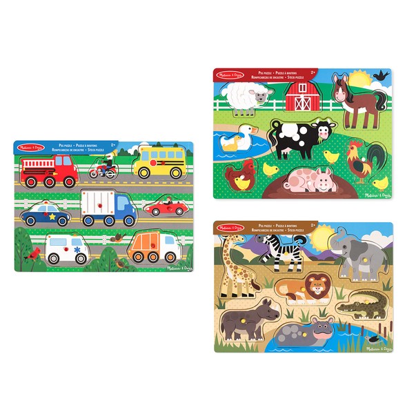 Melissa and Doug Wooden Toys - 3 Peg Boards for Children - Farm Animals, Safari & Vehicles, Learning Toys for 2 Year Old Girls & Boys Toddler Puzzles Gifts, Kids Wooden Jigsaws for Children Age 2-4