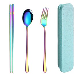 Fullgaden 3 PCS Stainless Steel Travel Camping Flatware Set Chopsticks with Portable Case (Knife,Fork, Spoon), Color