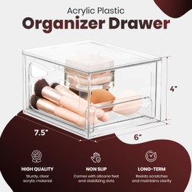 Clear Stackable Storage Drawers - 2-PACK - Acrylic Plastic Organizer Drawer for Bathroom Vanity Cabinet, Kitchen Countertop, Small Office Organization. Easily Organize All Cosmetic Makeup Supplies.