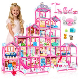Rongmeiz 6-Story Doll House Large DIY Playhouse for Girls, Little Girl Dream House with Furniture, Little Dog Toy, 2 Princess Figures and Slide, Creative Construction Toy for Birthdays & Christmas