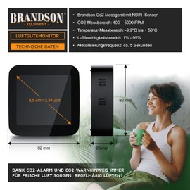 Brandson Air Quality Monitor for Monitoring Indoor Air Quality, Alarm in Poor Air Quality, CO2 Measurement, Air Quality Monitor, Air Quality Monitor, Alarm Clock, Temperature, Time, Humidity