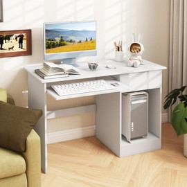 IFANNY Computer Desk with Drawers, Modern Office Desk with Keyboard Tray and Open Storage Shelf, Study Table for Kids, White Home Office Desks, Small Desk for Bedroom, Living Room, Study (White)