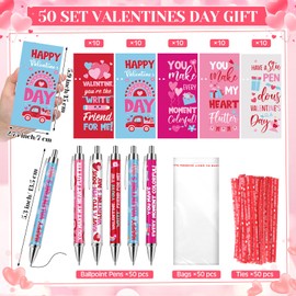 Jetec 50 Sets Valentine's Day Gifts Set Heart Ballpoint Pens Retractable with Valentine Greeting Thank You Cards Valentines Black Ink Pens for Party Favors Office Teacher School Exchange