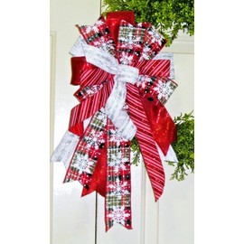 Handmade 10 " RED PLAID w FLOCKED GLITTER SNOWFLAKES WIRED BOW for DOOR WREATH # 139 rb