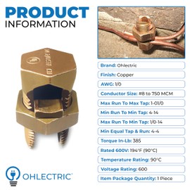 OHLECTRIC High Conductivity Hex Head Split Bolt Connectors, Reliable Copper Alloy Construction for Direct Burial - Wire Size 1/0 AWG, Perfect for Contractors and Electricians- OL-07652