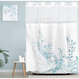 Tititex No Hooks Snap in Liner Spun Sugar Light Blue Eucalyptus Leaves Shower Curtain Sets, Hotel Luxury Double Layers Waterproof Fabric & See-Through Top Window Bathroom Decorative 72x72 Inch