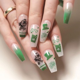 BFY St Patrick's Day Press on Nails Medium Coffin Shamrock Fake Nails, Green Hat Clover Flower Rhinestones Acrylic Nails, Irish Nude Glossy Gel False Nails Kit Stick Glue on Nails Tip, 24 Pcs