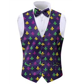 LINOCOUTON Men's Mardi Gras Suit Vest Purple Green Gold Fleur De Lis Outfit Dress Waistcoat with Bow Tie, Fleur De Lis, XX-Large