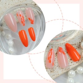 Orange Press on Nails Medium Almond Acrylic Nails Nude Fake Nails with Leaves Designs French Tip Nails Press on Natural Stick on Nails Full Cover Glue on Nails for Women Girls 24Pcs