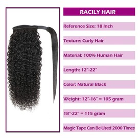 Real Hair Ponytail Extension Kinky Curly Human Hair with Wrap Around Magic Paste 14 Inch 10A Grade Unprocessed Brazilian Hair Clip on Extensions Afro Wavy Curl Pony (14", 1B, Curly, Wrap Around)