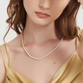 BREN Tennis Necklace - 3mm Iced Out Diamond Tennis Chain 5A Cubic Zirconia Necklace - 18K Gold Plated Flat Tennis Necklace for Women and Men Size 18"