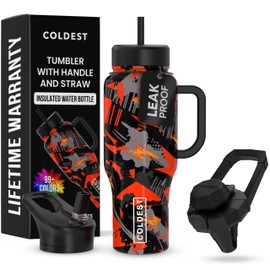 Coldest Tumbler with Handle and Straw - 100% Leak Proof Insulated Tumbler with Lid and Straw (3 Lids) - Stainless Steel Tumblers for Women & Men - Cup Holder Friendly Base, 36 oz (Savage Red)