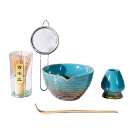 ＫＬＫＣＭＳ 5 Piece Matcha Bowl Set with Spout and Whisk Holder, Japanese Tea Tools, Blue