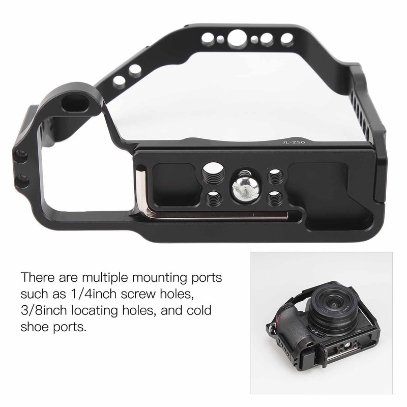 Aluminum camera cage for Z50 with multiple mounting interfaces, lightweight