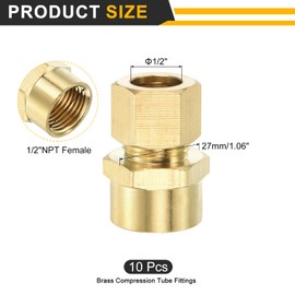 sourcing map 3Pcs Brass Compression Tube Fitting, 1/2" Tube OD x 1/2" NPT Female Connector Straight Coupling Adapter Union Fittings