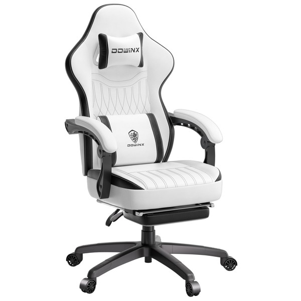 Dowinx Gaming Chair Breathable PU Leather Gamer Chair with Pocket Spring Cushion, Ergonomic Computer Chair with Massage Lumbar Support,Adjustable Swivel Task Chair with Footrest(Black&White)