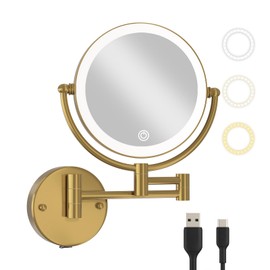 8" Wall Mounted Lighted Makeup Mirror with Magnification Rechargeable, 1X/10X Double Sided, 3 Color Lighting Touch Dimmable 360 Swivel Extendable Arm Vanity Shaving Mirror, Brushed Moderne Brass