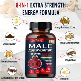 Gwynne Multivitamina Para Hombres 90 Cpsulas,8 En 1 Multivitaminas Para Hombres Diarias 2550 Mg Max Con Zinc,shilajit,horny Goat Weed,etc,apoyo A La  