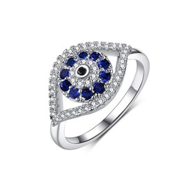 Blue Turkish Evil Eye Cubic Zirconia Rings for Women Girls Statement Band Sterling Silver Plated Chunky Stacking Finger Middle Tail Elegant Sparkly Dainty Fashion Jewelry Mother Bff Birthday Xmas (10)