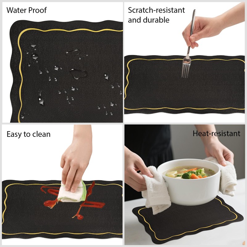 Stranthother Black and Gold Scalloped Leather Placemats Set of 6