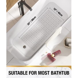 HITSLAM Bathtub Mat Non Slip, 35 x 16 Inch Long Bath Mat for Tub, Machine Washable Bathroom Shower Mat with Suction Cups and Drain Holes, Bath Tub Mat, Easy to Clean, Bathroom Accessories, Clear