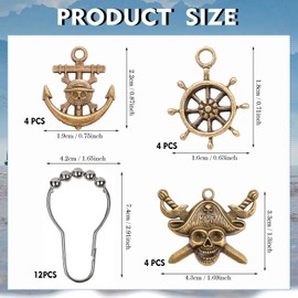 RUINIPOT 24 Pcs Antique Teal Fancy Nautical Series Skull Shower Curtain Hooks Silver Bathroom Rust-Proof Curtain Lining Roller Ring for Gothic Home Decor & Western Bathroom Decor.
