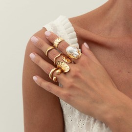 LAIHUARYWA 6Pcs Baroque Ring Set Gold/Silver Chunky Rings for Women Non Tarnish Open Adjustable Statement Irregular Ring Elegant Stackable Rings Set Jewelry Pack Thumb Finger Gift for Women