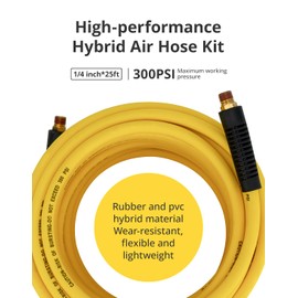 Air Compressor Hose 1/4" x 50 FT, Hybrid Air Hose with Bend Restrictor, FETIONS Air Hose with Industrial Quick Coupler and Plug, Heavy Duty, Lightweight, Adaptable to All Kinds of Weather