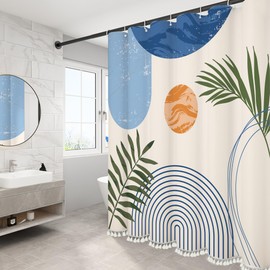 GiuMsi - Cortina de ducha estilo boho de mediados de siglo, diseño de hojas y arco solar, patrón minimalista de hojas, tela impermeable y lujosa con 12 ganchos (Azul claro - 183 x 183 cm)