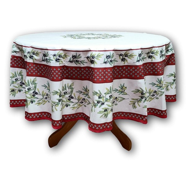 La Cigale Wipeable Tablecloth Spill Resistant Acrylic Coated Floral Cotton French Provencal Tablecloth Round 71 inches Red White Floral Oliviers