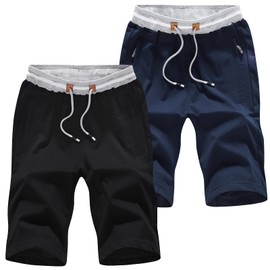 FoxQ 2 Pack Mens Sweat Shorts with Secure Zipper Pockets & Elastic Waist Drawstring Casual Comfortable Black+Navy Blue,L