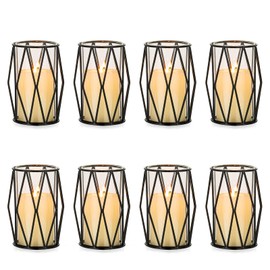 Nuptio Black Pillar Candle Holders - 8 Pcs Glass Candles Holder with Geometric Metal Rack Stand for Wedding Birthday Party Centerpieces - Flower Vase Small Hurricane Vases for Office Living Room