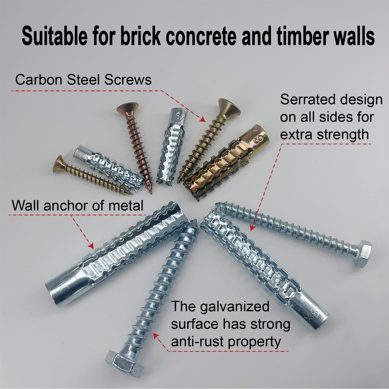 ZUYUEE 30PCS 3/8×2-3/8 in Screws and Wall Plugs Set,Concrete Anchors