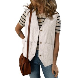 Dokotoo Womens Corduroy Vests Outerwear 2025 Trendy Button-Down Lightweight Waistcoat Sleeveless Jacket Casual Vest with Pockets,White Large