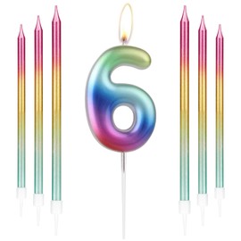 Regenbogen-Kerze mit 6 langen Stabkerzen, Metall-Stil, Regenbogen-Geburtstagskerze, Kuchendekoration, Happy First Birthday-Kerze, farbige Kuchendekoration für Mädchen und Jungen,