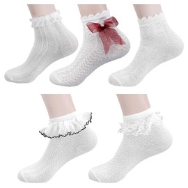 Ouligay 5 Pairs White Ruffle Socks Women Socks with Ruffles Women's Lace Socks for Women Breathable Ankle Socks Elegant Ruffle Socks Cotton Socks for Girls