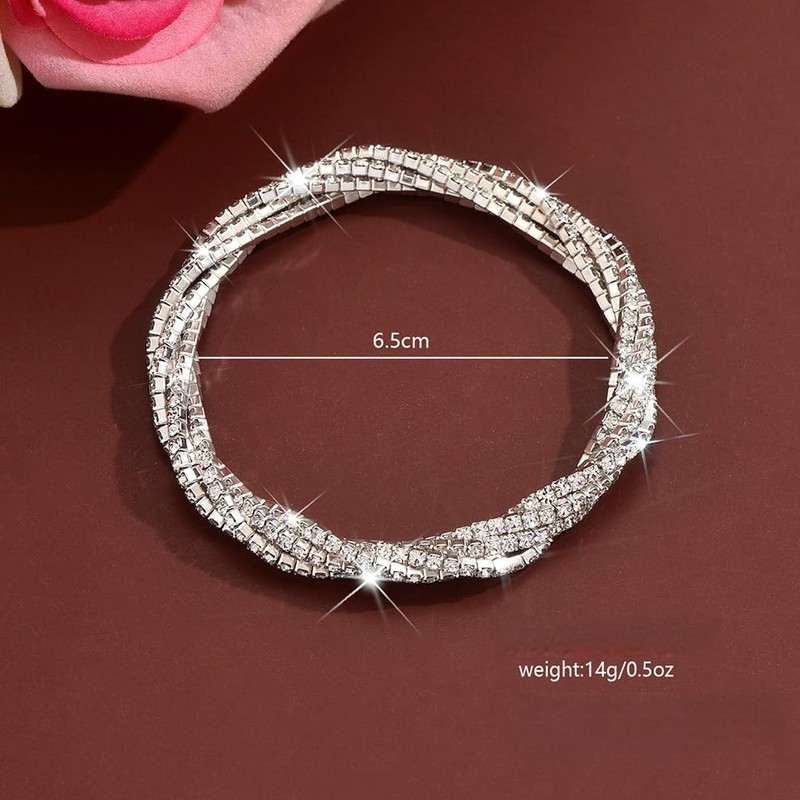 Douxsu Bling Rhinestone Stretch Tennis Bracelet for Women, Sparkly Silver