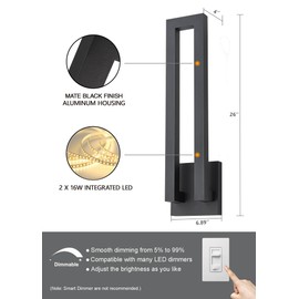 OUPAVOCS 26 inch Outdoor Wall Sconce, Large Porch Led Wall Lights, Modern Black Exterior Light Fixture Wall Mount, Waterproof Patio Lighting for House, Garage