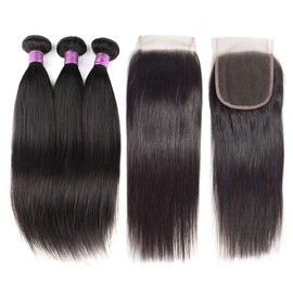 TOOCCI 3 Bundles with Lace Closure, Straight Hair Bundles with CLosue 9A Real Hair Extensions Straight Brazilian Virgin Remy Hair (12 12 12 + 10 Inches)
