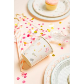 Sugar Paper Small Paper Plates, Birthday Party Pattern, Dessert Paper Plates, 7 inches, Pack of 8 Plates (Light Blue)