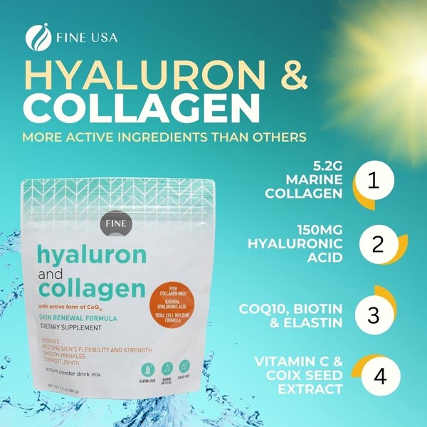 Fine USA Hyaluron & Collagen with COQ10 for Healthy Hair, Skin, Nails, Bones, and Joints with Max Absorption, 6.3 Ounces